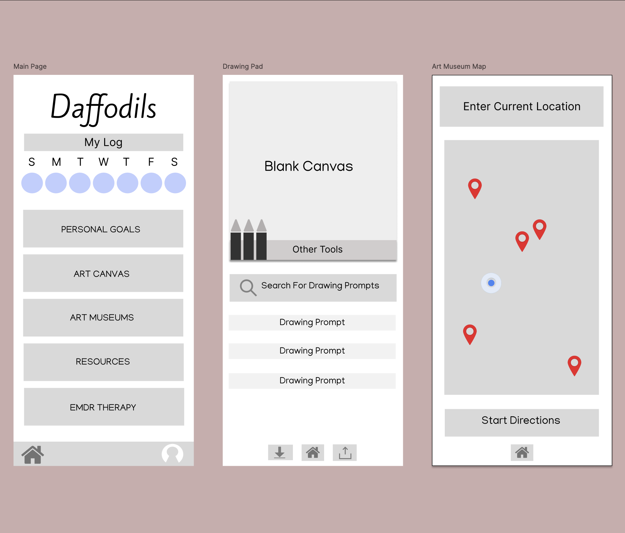 Daffodils low-fi wireframes
